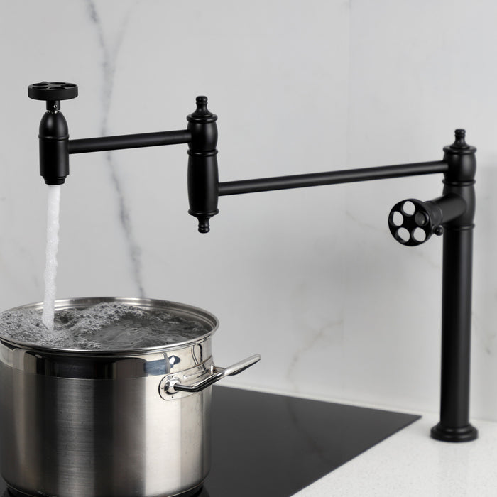 Kingston Tulare KS3700RKZ - Wendell Two-Handle 1-Hole Deck Mount Pot Filler Faucet with Knurled Handle, Matte Black