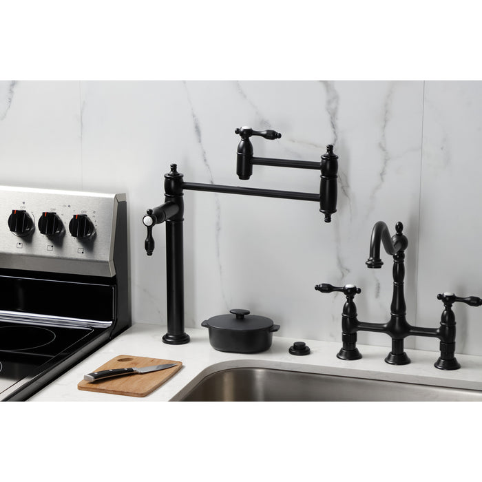 Kingston Heirloom KS3700TAL - Tudor Two-Handle 1-Hole Deck Mount Pot Filler Faucet, Matte Black