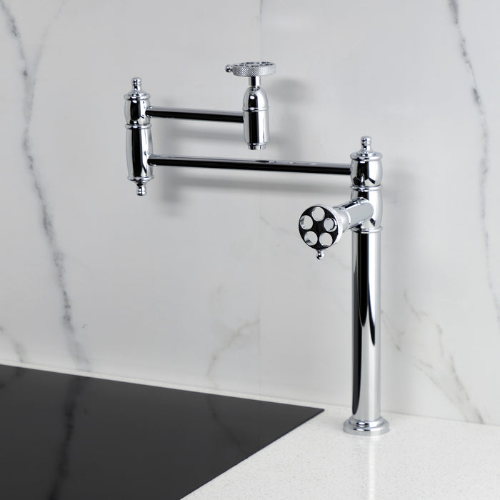 Kingston Tulare KS3701RKX - Webb Two-Handle 1-Hole Deck Mount Pot Filler Faucet with Knurled Handle, Polished Chrome