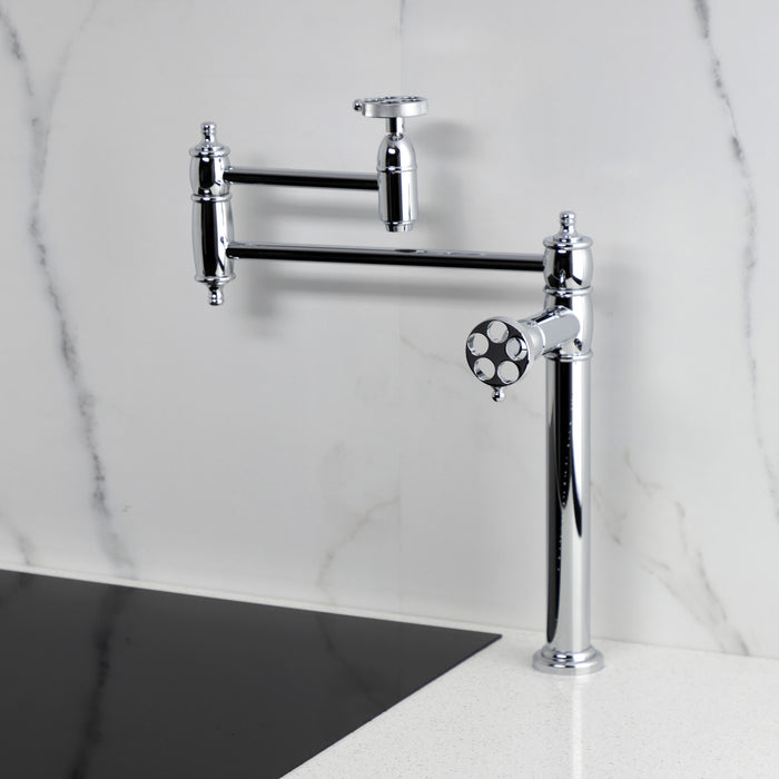 Kingston Tulare KS3701RKZ - Wendell Two-Handle 1-Hole Deck Mount Pot Filler Faucet with Knurled Handle, Polished Chrome