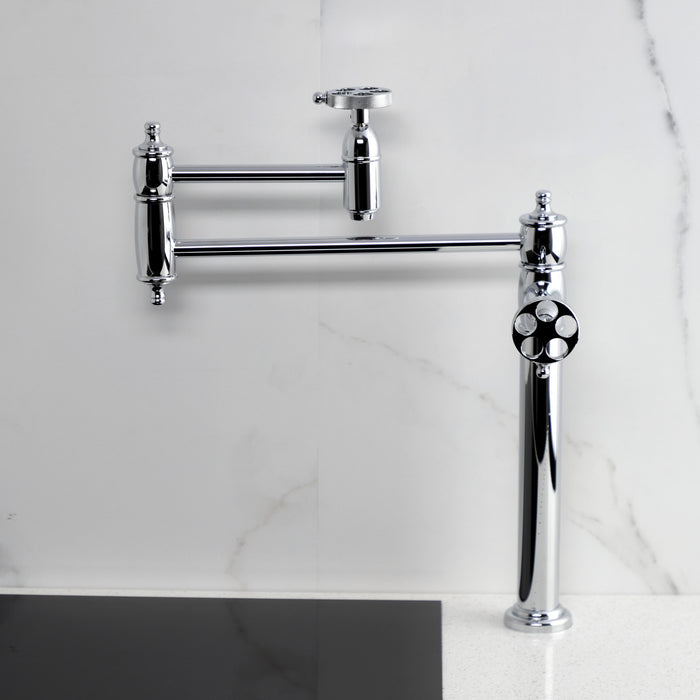 Kingston Tulare KS3701RKZ - Wendell Two-Handle 1-Hole Deck Mount Pot Filler Faucet with Knurled Handle, Polished Chrome