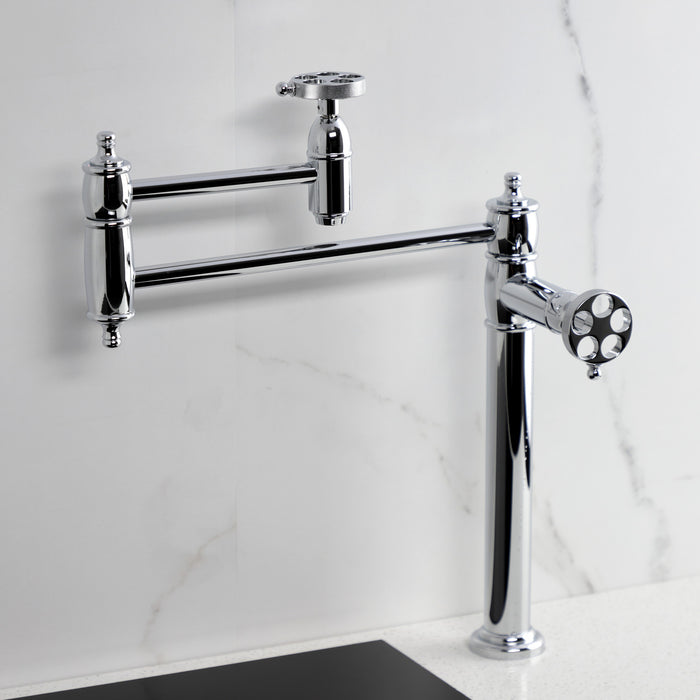 Kingston Tulare KS3701RKZ - Wendell Two-Handle 1-Hole Deck Mount Pot Filler Faucet with Knurled Handle, Polished Chrome