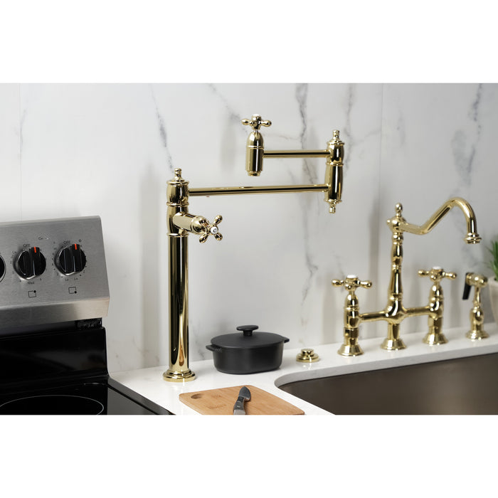 Kingston Heirloom KS3702AX - Restoration Two-Handle 1-Hole Deck Mount Pot Filler Faucet, Polished Brass