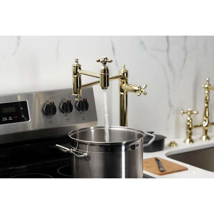 Kingston Heirloom KS3702AX - Restoration Two-Handle 1-Hole Deck Mount Pot Filler Faucet, Polished Brass