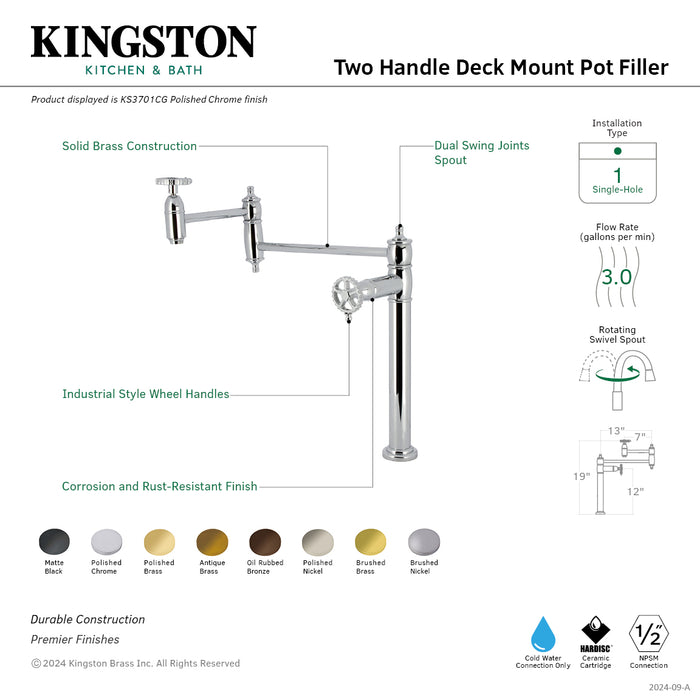 Kingston Tulare KS3702CG - Fuller Two-Handle 1-Hole Deck Mount Pot Filler Faucet, Polished Brass