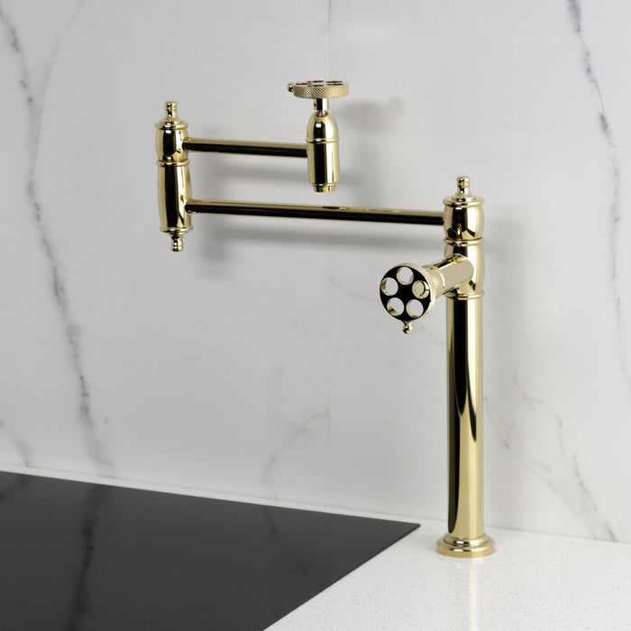 Kingston Tulare KS3702RKX - Webb Two-Handle 1-Hole Deck Mount Pot Filler Faucet with Knurled Handle, Polished Brass