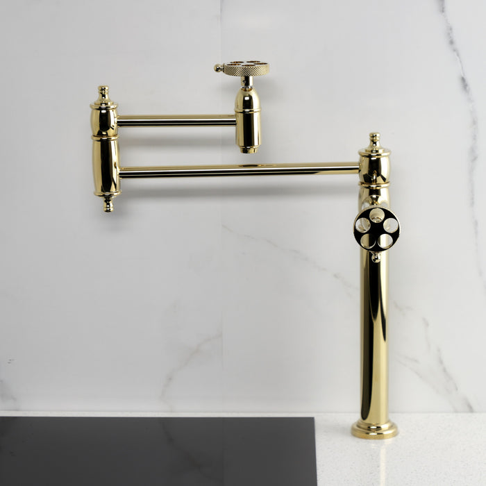Kingston Tulare KS3702RKX - Webb Two-Handle 1-Hole Deck Mount Pot Filler Faucet with Knurled Handle, Polished Brass