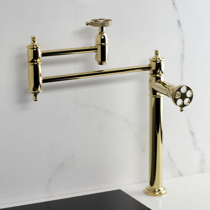 Kingston Tulare KS3702RKX - Webb Two-Handle 1-Hole Deck Mount Pot Filler Faucet with Knurled Handle, Polished Brass