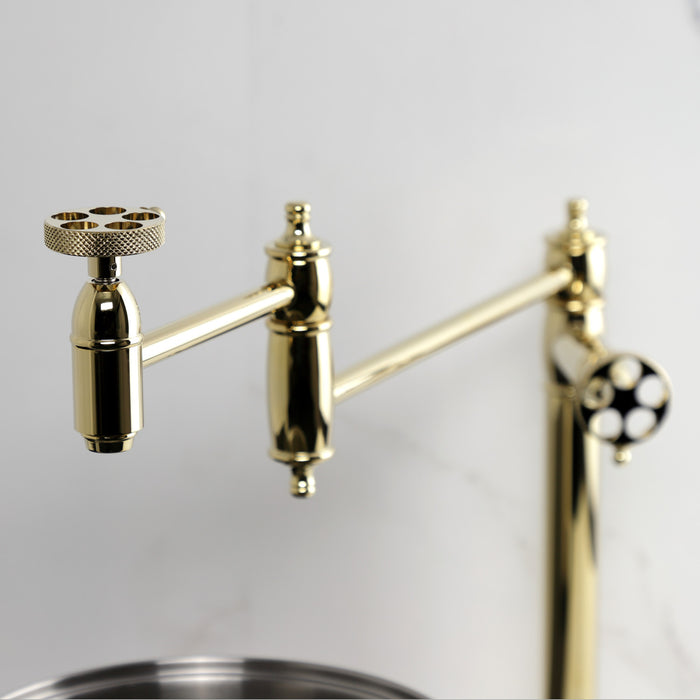 Kingston Tulare KS3702RKX - Webb Two-Handle 1-Hole Deck Mount Pot Filler Faucet with Knurled Handle, Polished Brass