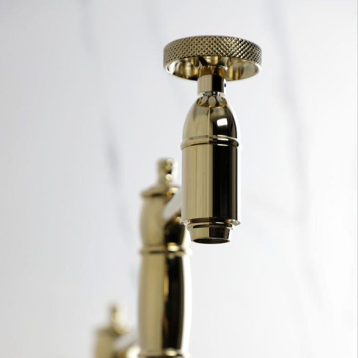 Kingston Tulare KS3702RKX - Webb Two-Handle 1-Hole Deck Mount Pot Filler Faucet with Knurled Handle, Polished Brass
