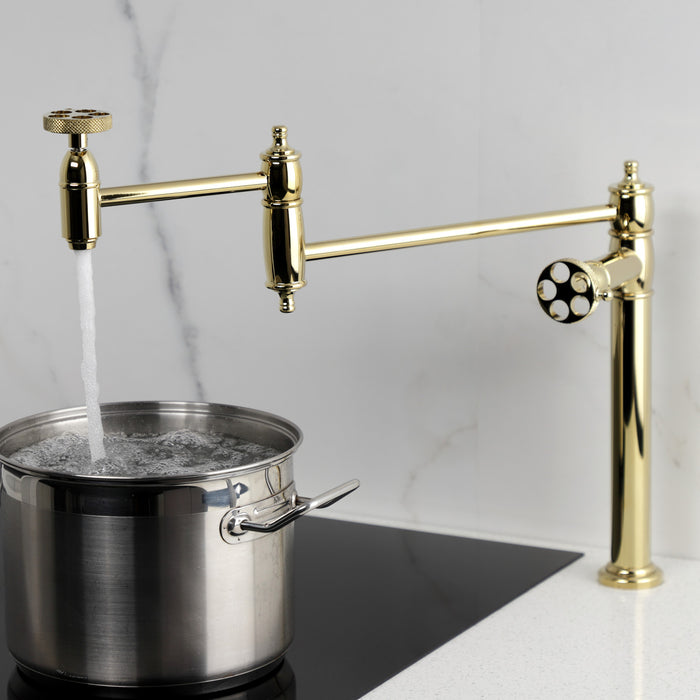 Kingston Tulare KS3702RKX - Webb Two-Handle 1-Hole Deck Mount Pot Filler Faucet with Knurled Handle, Polished Brass