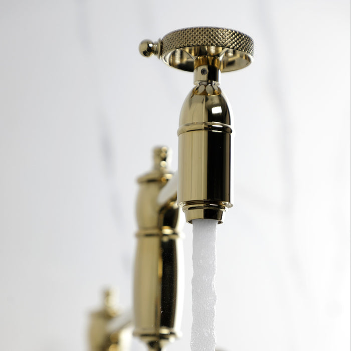 Kingston Tulare KS3702RKX - Webb Two-Handle 1-Hole Deck Mount Pot Filler Faucet with Knurled Handle, Polished Brass