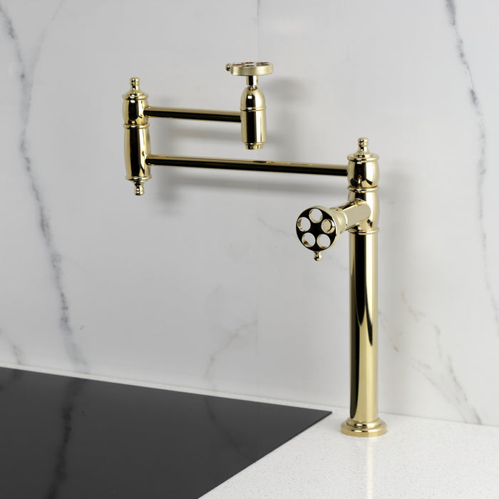 Kingston Tulare KS3702RKZ - Wendell Two-Handle 1-Hole Deck Mount Pot Filler Faucet with Knurled Handle, Polished Brass