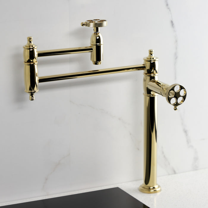 Kingston Tulare KS3702RKZ - Wendell Two-Handle 1-Hole Deck Mount Pot Filler Faucet with Knurled Handle, Polished Brass