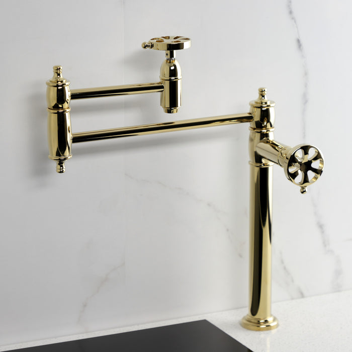 Kingston Tulare KS3702RX - Belknap Two-Handle 1-Hole Deck Mount Pot Filler Faucet, Polished Brass