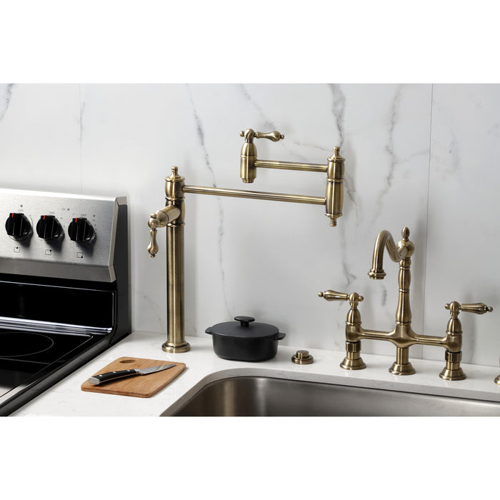 Kingston Heirloom KS3703AL - Restoration Two-Handle 1-Hole Deck Mount Pot Filler Faucet, Antique Brass