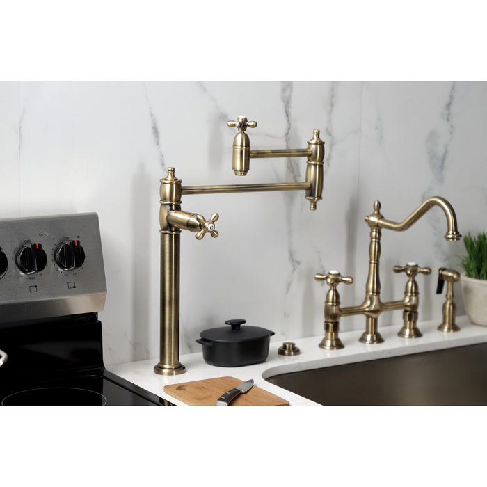 Kingston Heirloom KS3703AX - Restoration Two-Handle 1-Hole Deck Mount Pot Filler Faucet, Antique Brass