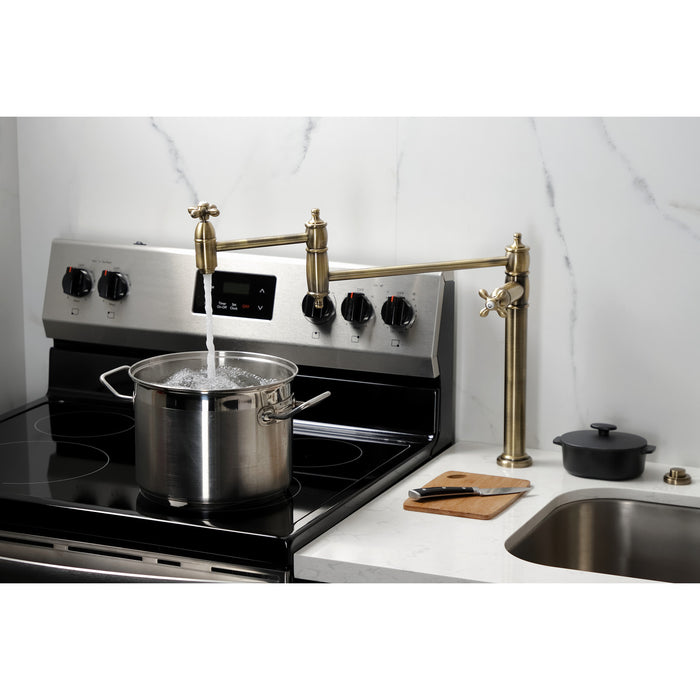 Kingston Heirloom KS3703AX - Restoration Two-Handle 1-Hole Deck Mount Pot Filler Faucet, Antique Brass
