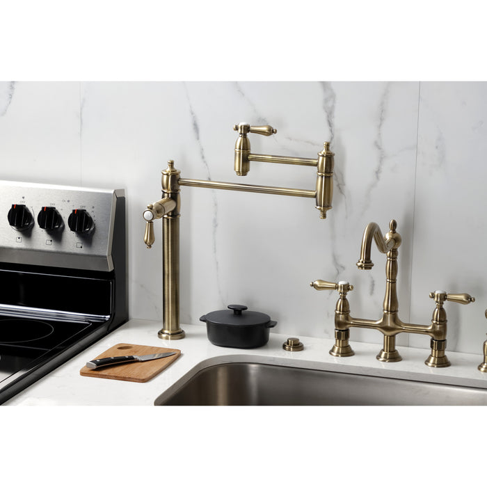 Kingston Heirloom KS3703BAL - Heirloom Two-Handle 1-Hole Deck Mount Pot Filler Faucet, Antique Brass