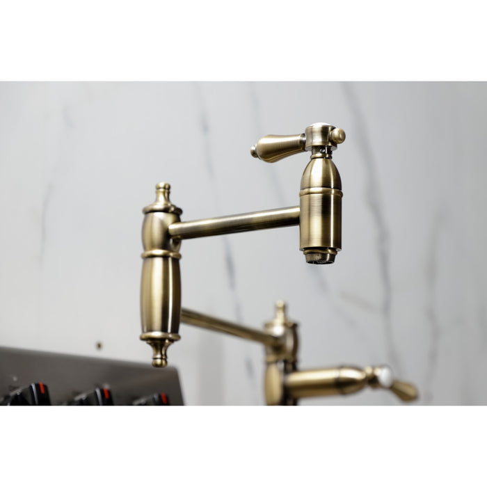 Kingston Heirloom KS3703BAL - Heirloom Two-Handle 1-Hole Deck Mount Pot Filler Faucet, Antique Brass