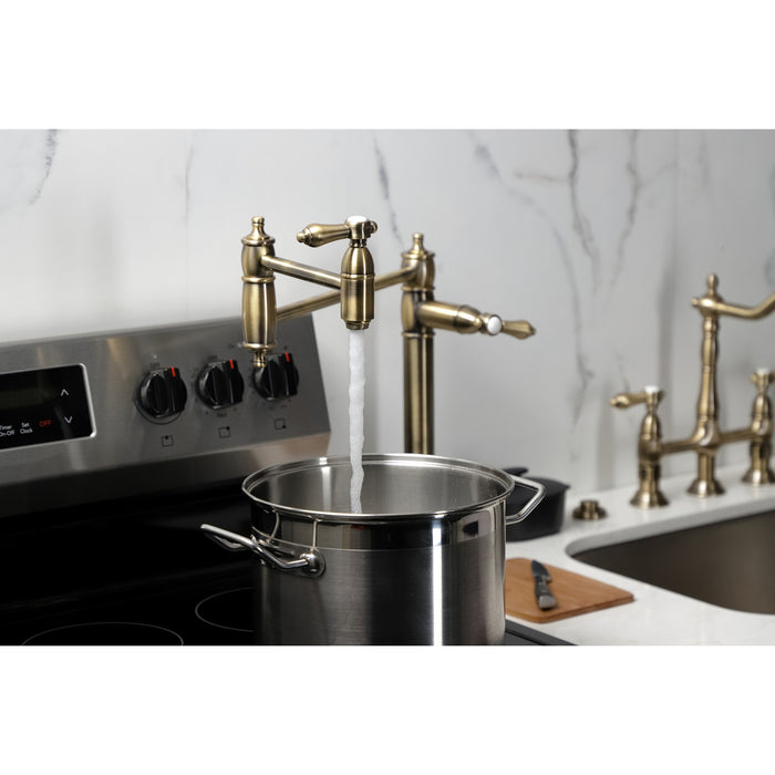 Kingston Heirloom KS3703BAL - Heirloom Two-Handle 1-Hole Deck Mount Pot Filler Faucet, Antique Brass
