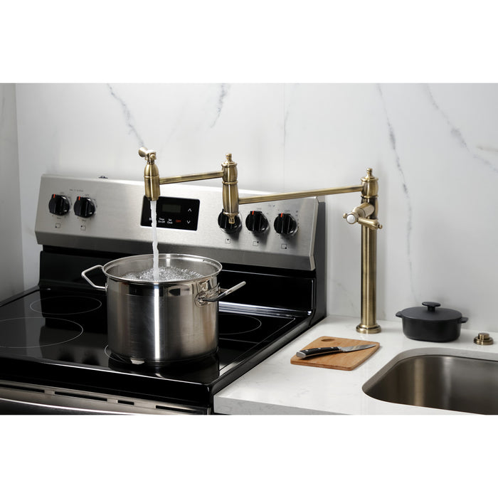 Kingston Heirloom KS3703BAL - Heirloom Two-Handle 1-Hole Deck Mount Pot Filler Faucet, Antique Brass