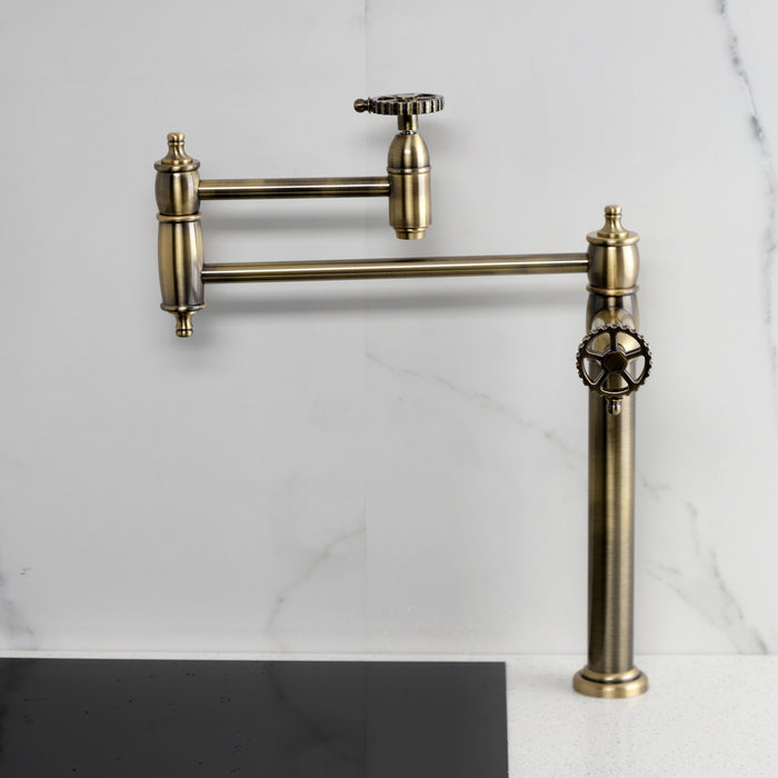 Kingston Tulare KS3703CG - Fuller Two-Handle 1-Hole Deck Mount Pot Filler Faucet, Antique Brass