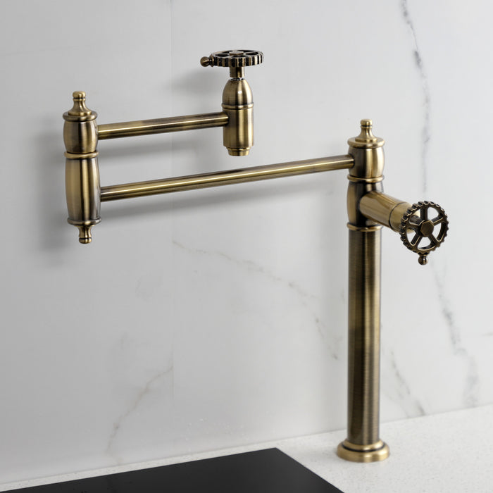 Kingston Tulare KS3703CG - Fuller Two-Handle 1-Hole Deck Mount Pot Filler Faucet, Antique Brass