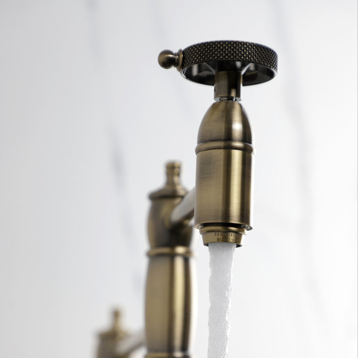 Kingston Tulare KS3703RKX - Webb Two-Handle 1-Hole Deck Mount Pot Filler Faucet with Knurled Handle, Antique Brass