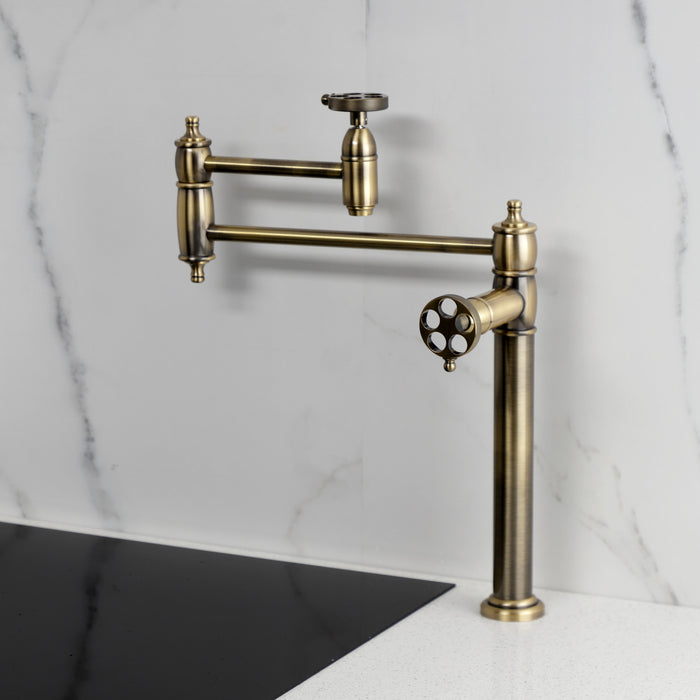 Kingston Tulare KS3703RKZ - Wendell Two-Handle 1-Hole Deck Mount Pot Filler Faucet with Knurled Handle, Antique Brass