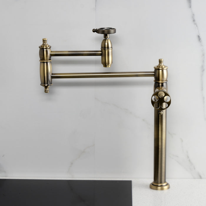 Kingston Tulare KS3703RKZ - Wendell Two-Handle 1-Hole Deck Mount Pot Filler Faucet with Knurled Handle, Antique Brass