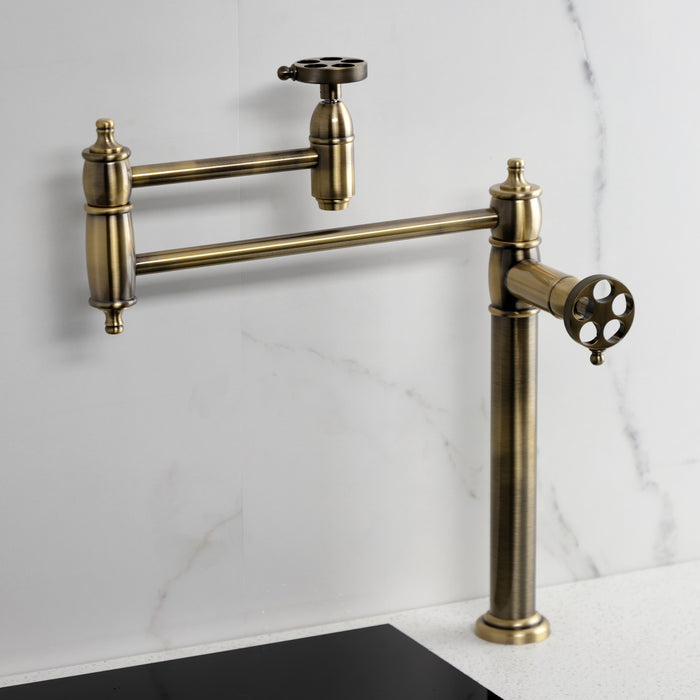 Kingston Tulare KS3703RKZ - Wendell Two-Handle 1-Hole Deck Mount Pot Filler Faucet with Knurled Handle, Antique Brass
