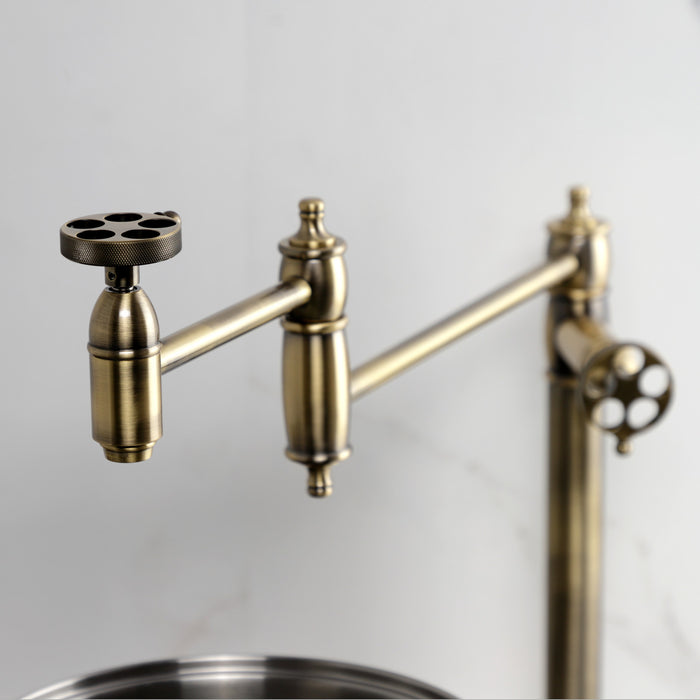 Kingston Tulare KS3703RKZ - Wendell Two-Handle 1-Hole Deck Mount Pot Filler Faucet with Knurled Handle, Antique Brass