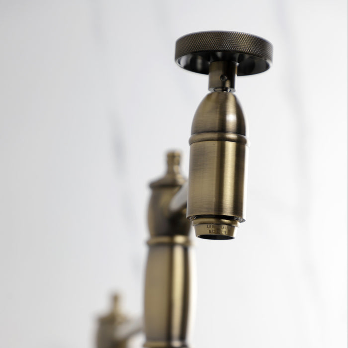 Kingston Tulare KS3703RKZ - Wendell Two-Handle 1-Hole Deck Mount Pot Filler Faucet with Knurled Handle, Antique Brass