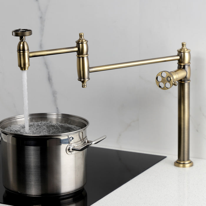 Kingston Tulare KS3703RKZ - Wendell Two-Handle 1-Hole Deck Mount Pot Filler Faucet with Knurled Handle, Antique Brass
