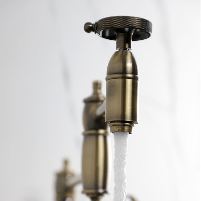 Kingston Tulare KS3703RKZ - Wendell Two-Handle 1-Hole Deck Mount Pot Filler Faucet with Knurled Handle, Antique Brass