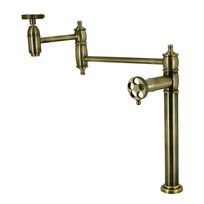 Wendell KS3703RKZ Two-Handle 1-Hole Deck Mount Pot Filler Faucet with Knurled Handle, Antique Brass