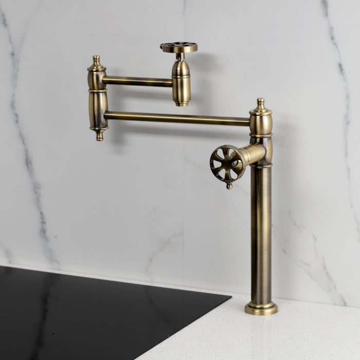 Kingston Tulare KS3703RX - Belknap Two-Handle 1-Hole Deck Mount Pot Filler Faucet, Antique Brass