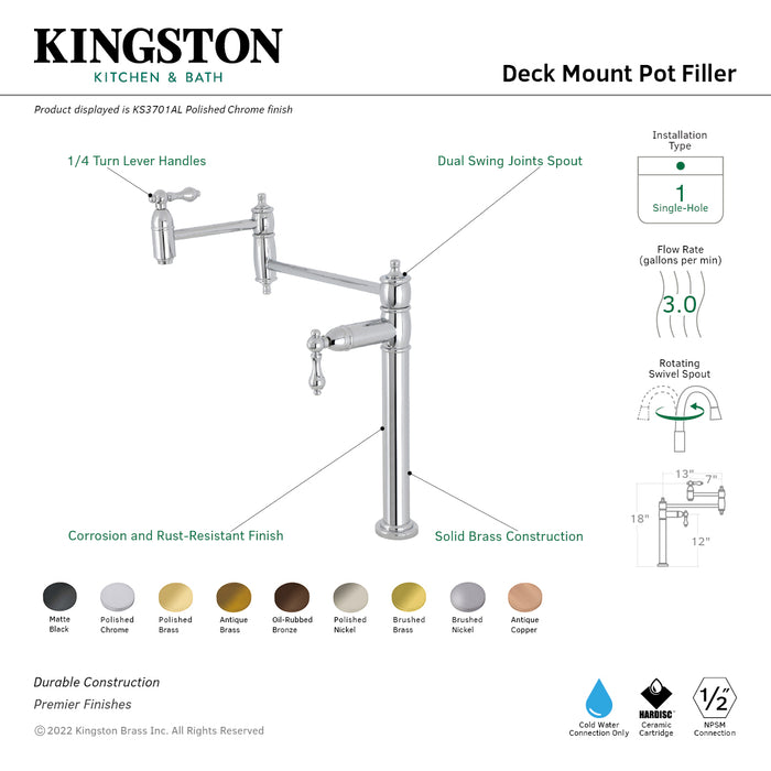 Kingston Heirloom KS3705AL - Restoration Two-Handle 1-Hole Deck Mount Pot Filler Faucet, Oil Rubbed Bronze