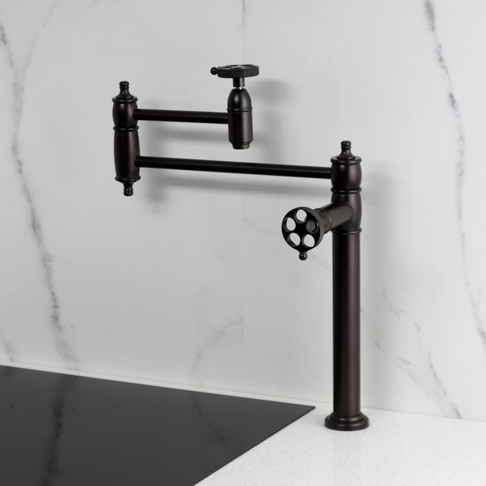 Kingston Tulare KS3705RKX - Webb Two-Handle 1-Hole Deck Mount Pot Filler Faucet with Knurled Handle, Oil Rubbed Bronze