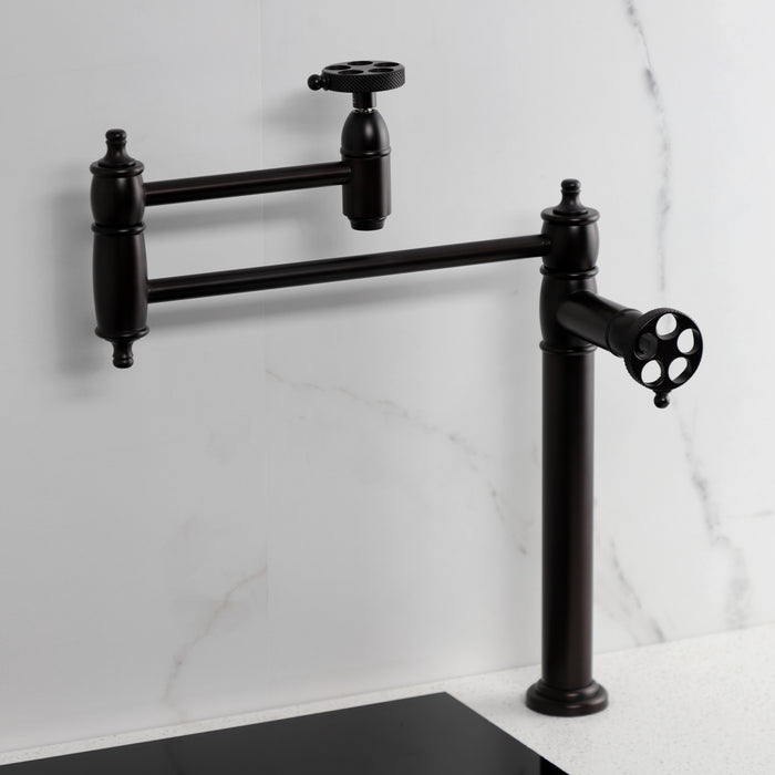 Kingston Tulare KS3705RKX - Webb Two-Handle 1-Hole Deck Mount Pot Filler Faucet with Knurled Handle, Oil Rubbed Bronze