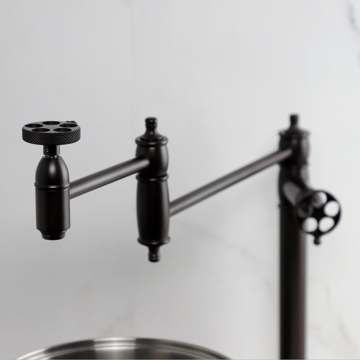 Kingston Tulare KS3705RKX - Webb Two-Handle 1-Hole Deck Mount Pot Filler Faucet with Knurled Handle, Oil Rubbed Bronze