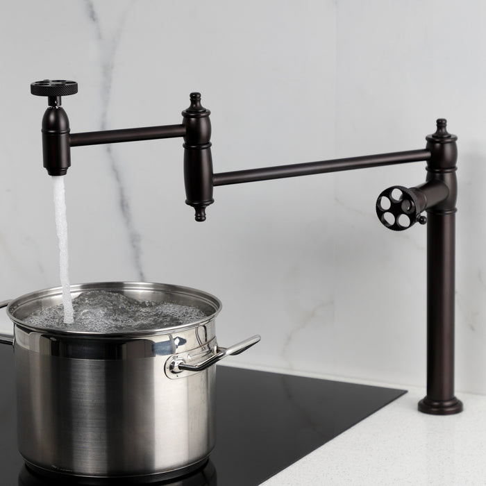 Kingston Tulare KS3705RKX - Webb Two-Handle 1-Hole Deck Mount Pot Filler Faucet with Knurled Handle, Oil Rubbed Bronze