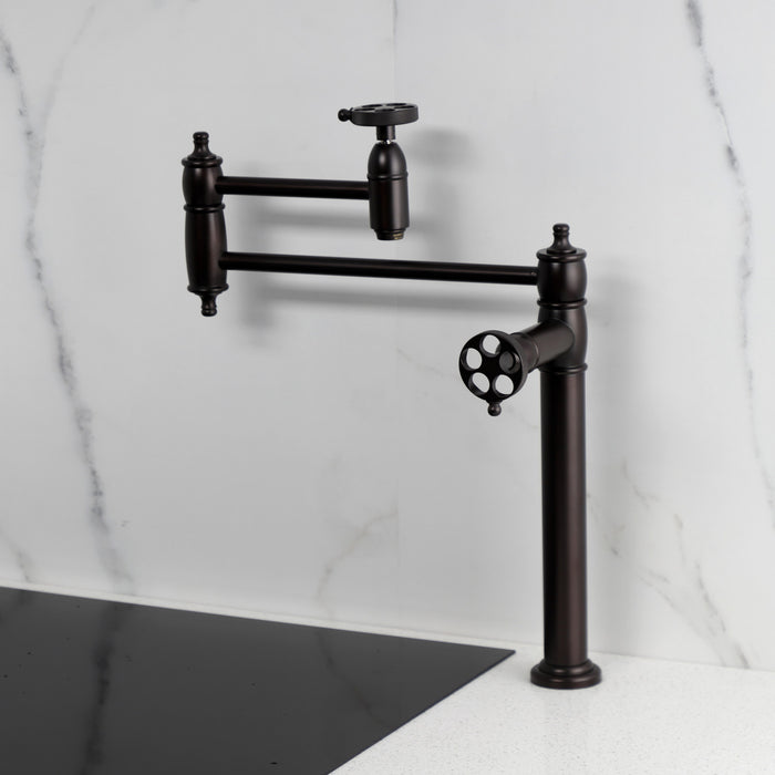 Kingston Tulare KS3705RKZ - Wendell Two-Handle 1-Hole Deck Mount Pot Filler Faucet with Knurled Handle, Oil Rubbed Bronze