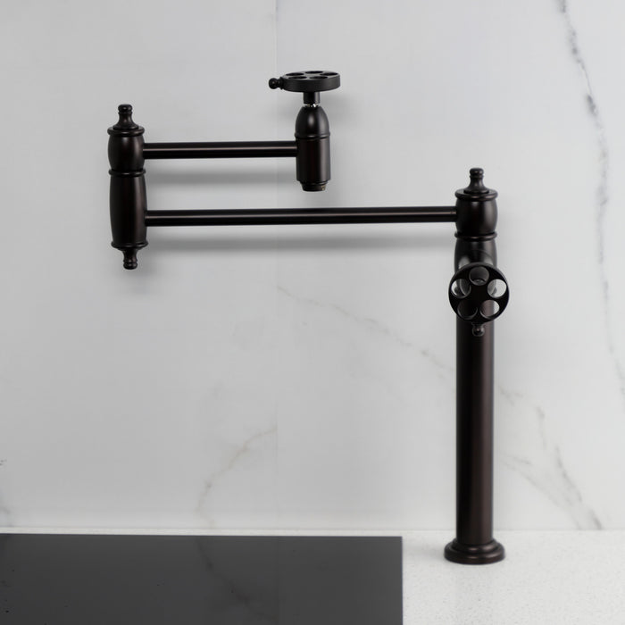 Kingston Tulare KS3705RKZ - Wendell Two-Handle 1-Hole Deck Mount Pot Filler Faucet with Knurled Handle, Oil Rubbed Bronze