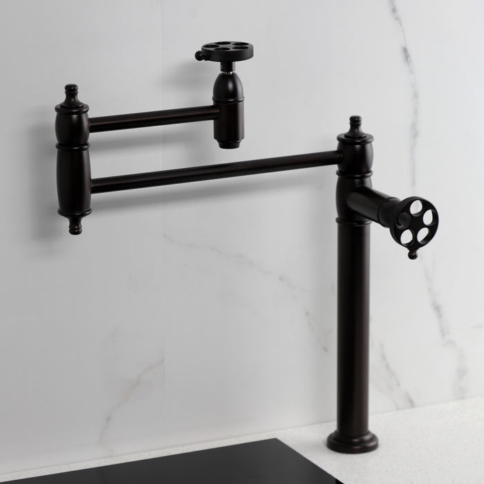 Kingston Tulare KS3705RKZ - Wendell Two-Handle 1-Hole Deck Mount Pot Filler Faucet with Knurled Handle, Oil Rubbed Bronze