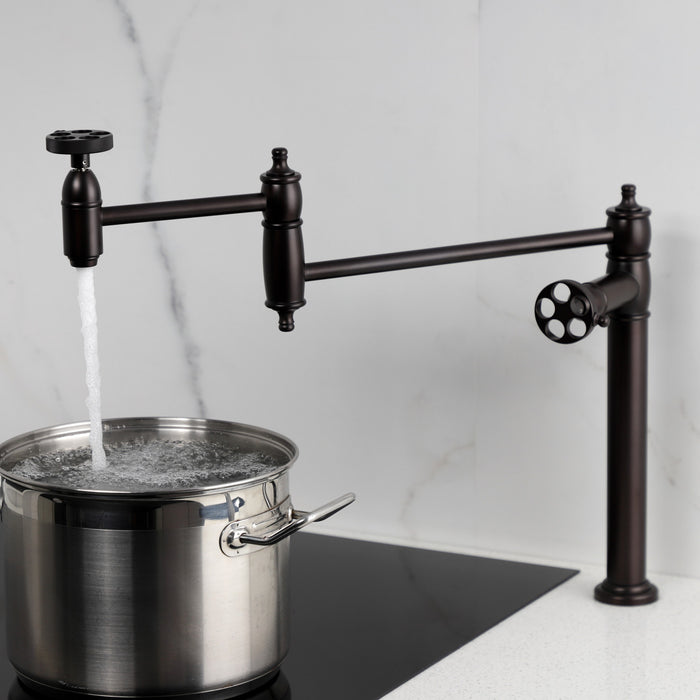 Kingston Tulare KS3705RKZ - Wendell Two-Handle 1-Hole Deck Mount Pot Filler Faucet with Knurled Handle, Oil Rubbed Bronze