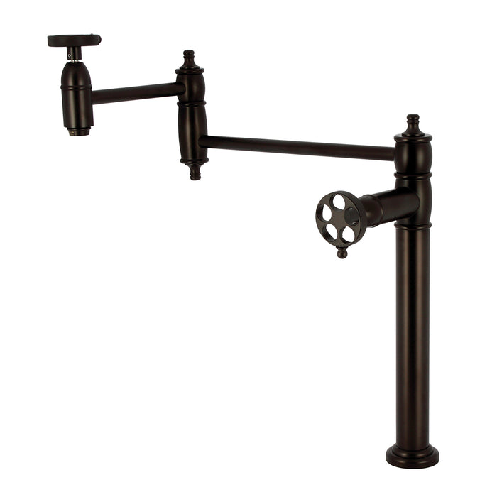Kingston Tulare KS3705RKZ - Wendell Two-Handle 1-Hole Deck Mount Pot Filler Faucet with Knurled Handle, Oil Rubbed Bronze