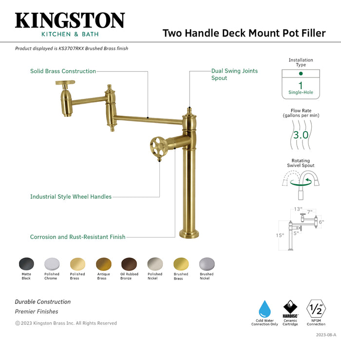 Kingston Tulare KS3706RKX - Webb Two-Handle 1-Hole Deck Mount Pot Filler Faucet with Knurled Handle, Polished Nickel