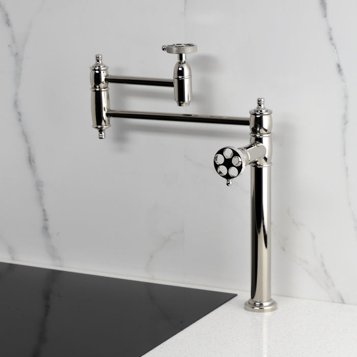 Kingston Tulare KS3706RKX - Webb Two-Handle 1-Hole Deck Mount Pot Filler Faucet with Knurled Handle, Polished Nickel